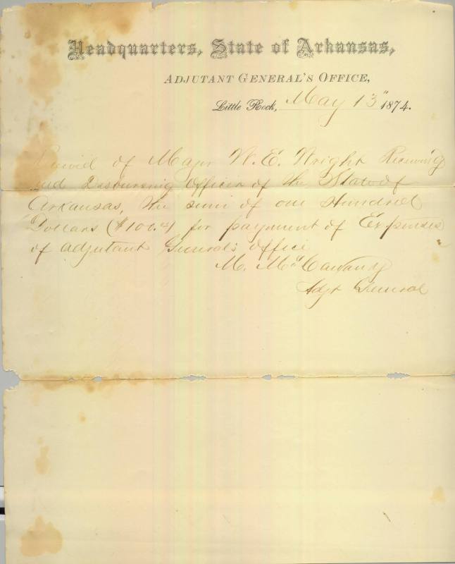 Letter, Correspondence - Receipt of $100 by Adjutant General, May 1874