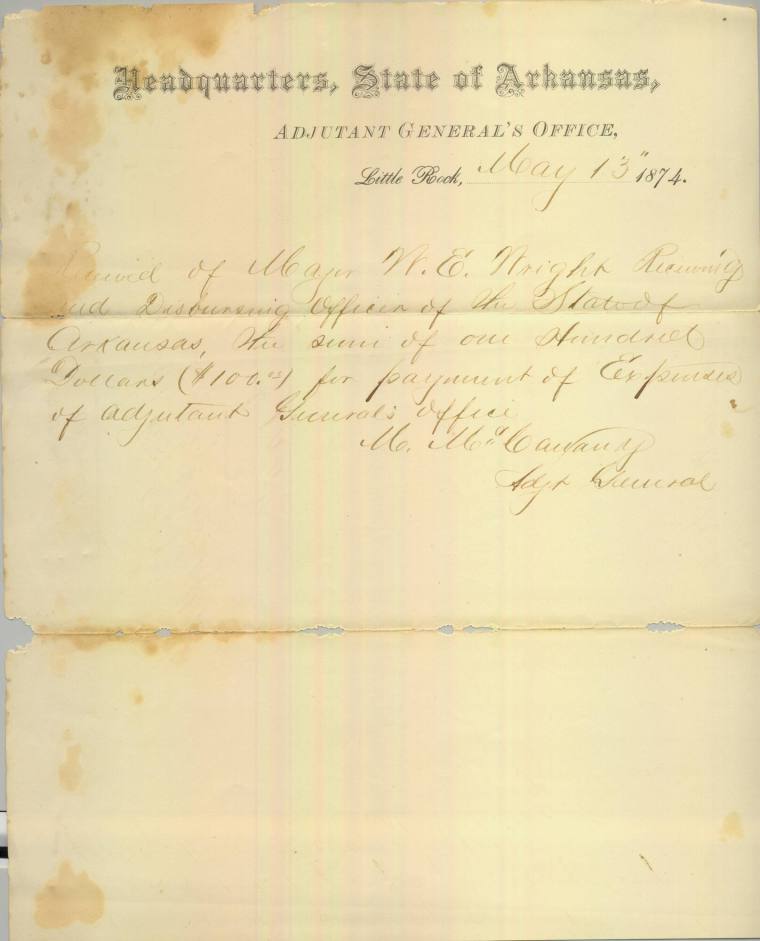 Letter, Correspondence - Receipt of $100 by Adjutant General, May 1874