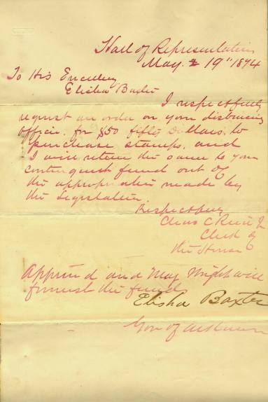 Letter, Correspondence - To Elisha Baxter, May 1874