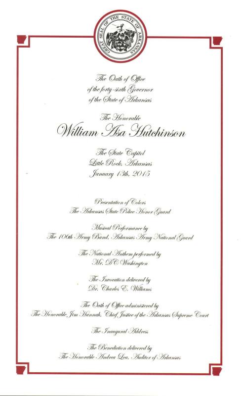 Itinerary, Inaugural - Governor Asa Hutchinson