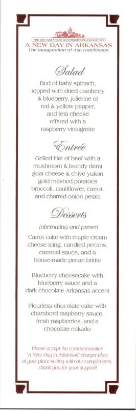 Menu, Inaugural Ball - Governor Asa Hutchinson