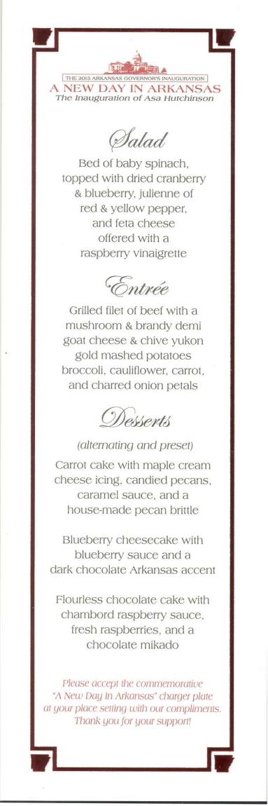 Menu, Inaugural Ball - Governor Asa Hutchinson