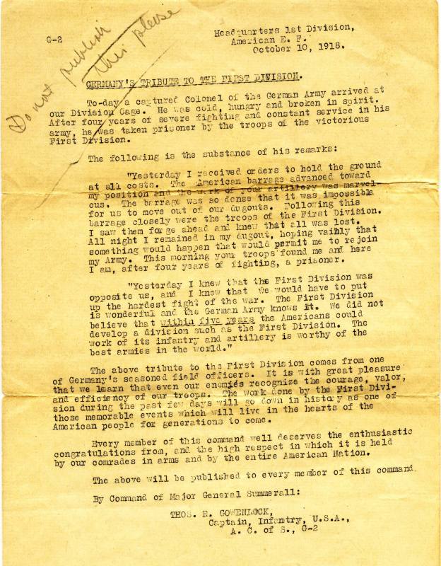 Letter, "Germany's Tribute to the 1st Division"