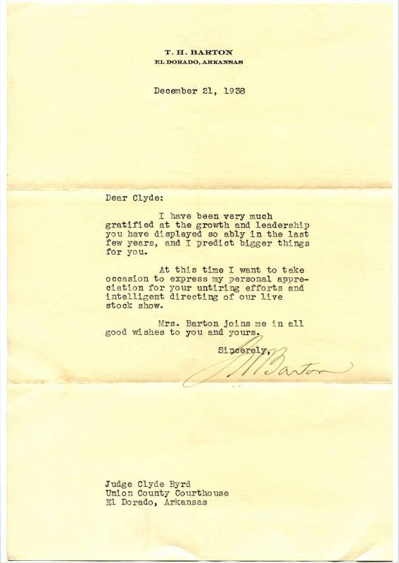 Letter, Col. T.H. Barton to Judge Clyde Byrd