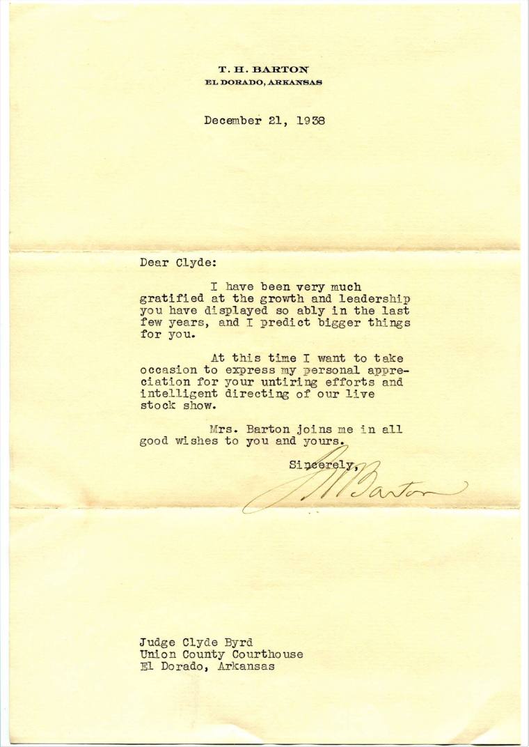 Letter, Col. T.H. Barton to Judge Clyde Byrd