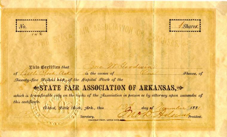 Certificate, Stock - The State Fair Association of Arkansas