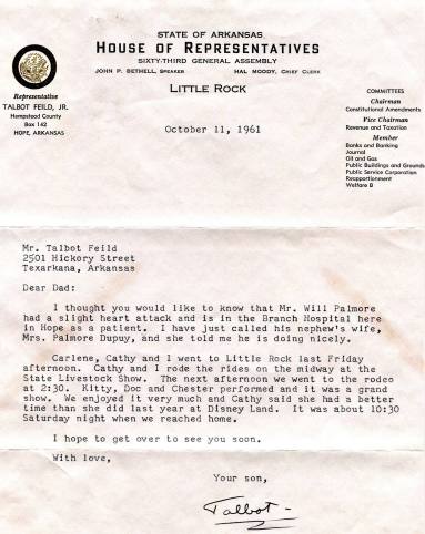 Letter, Representative Talbot Field, Jr. to Talbot Field, Sr.