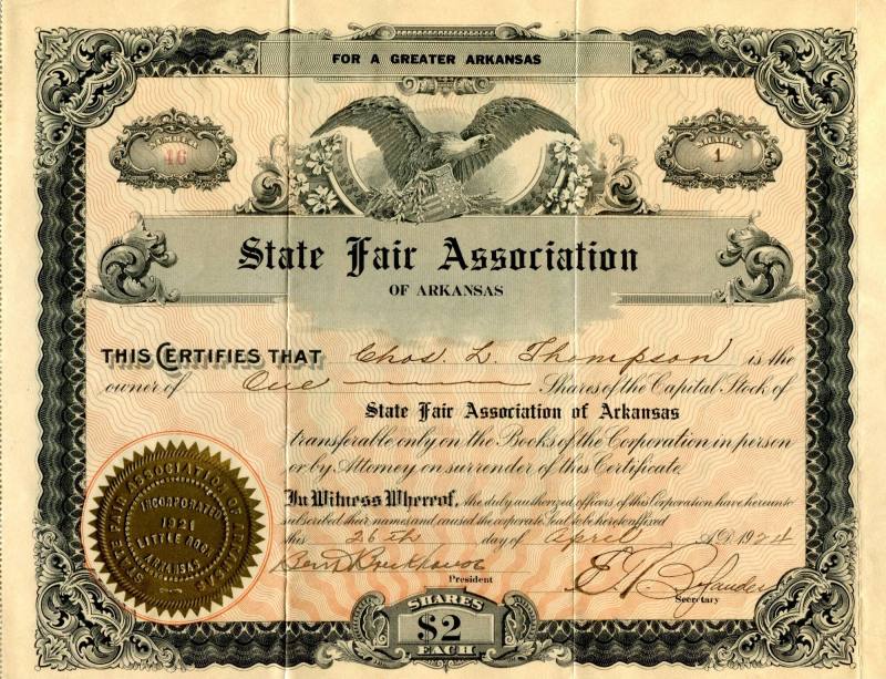 Stock Certificate, State Fair Association of Arkansas - Charles L. Thompson