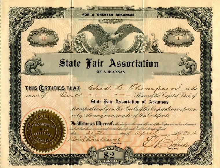 Stock Certificate, State Fair Association of Arkansas - Charles L. Thompson