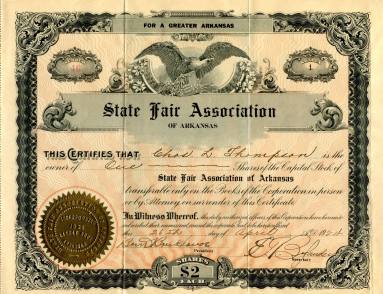 Stock Certificate, State Fair Association of Arkansas - Charles L. Thompson