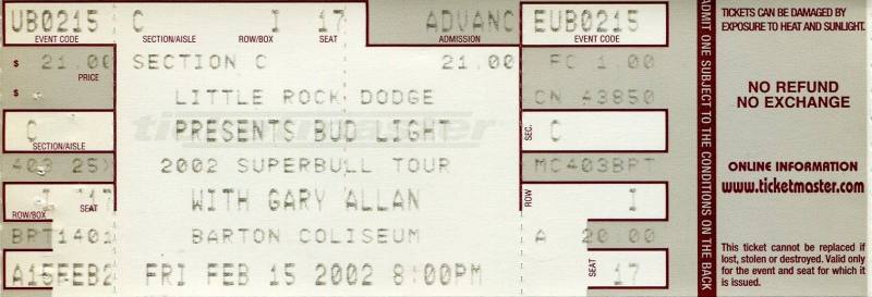 Ticket, Bud Light 2002 Superbull Tour with Gary Allen - Barton Coliseum