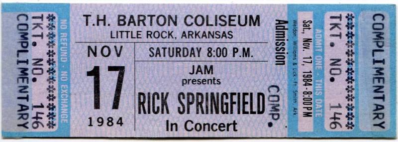 Complimentary Ticket, Rick Springfield - Barton Coliseum