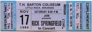 Complimentary Ticket, Rick Springfield - Barton Coliseum