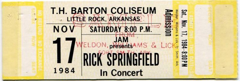 Sample Ticket, Rick Springfield - Barton Coliseum