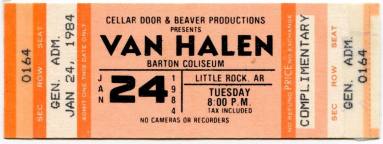 Complimentary Ticket, Van Halen - Barton Coliseum