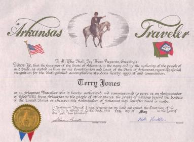 Certificate, Arkansas Traveler Award - Terry Jones of Point of Grace