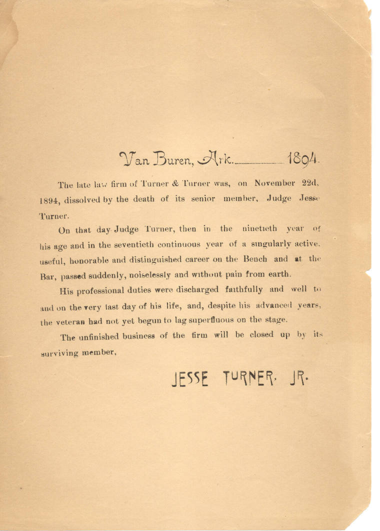 Notice of death of Judge Jesse Turner & end of Law Firm - 1894