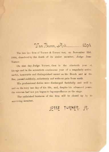 Notice of death of Judge Jesse Turner & end of Law Firm - 1894