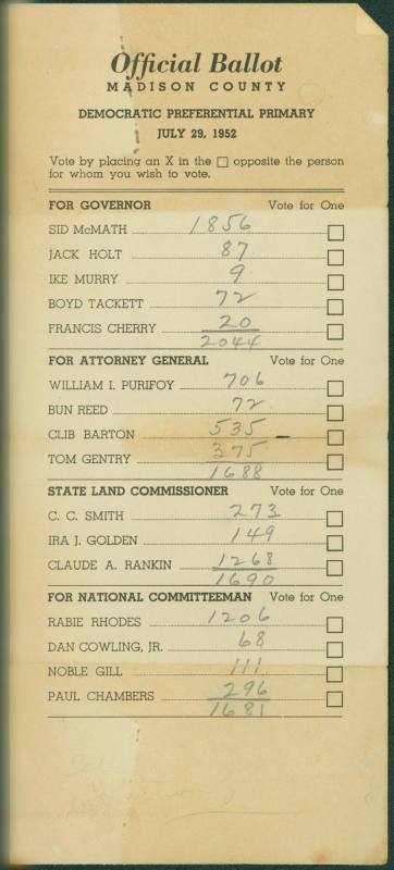 Ballot, Election - Governor Sid McMath