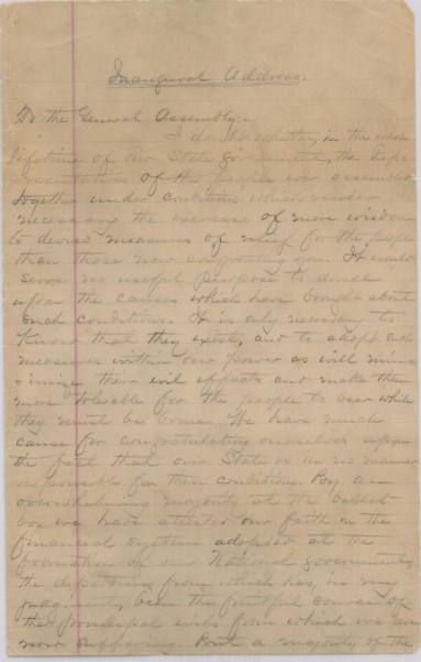 Inaugural address of Governor Daniel W. Jones--handwritten 