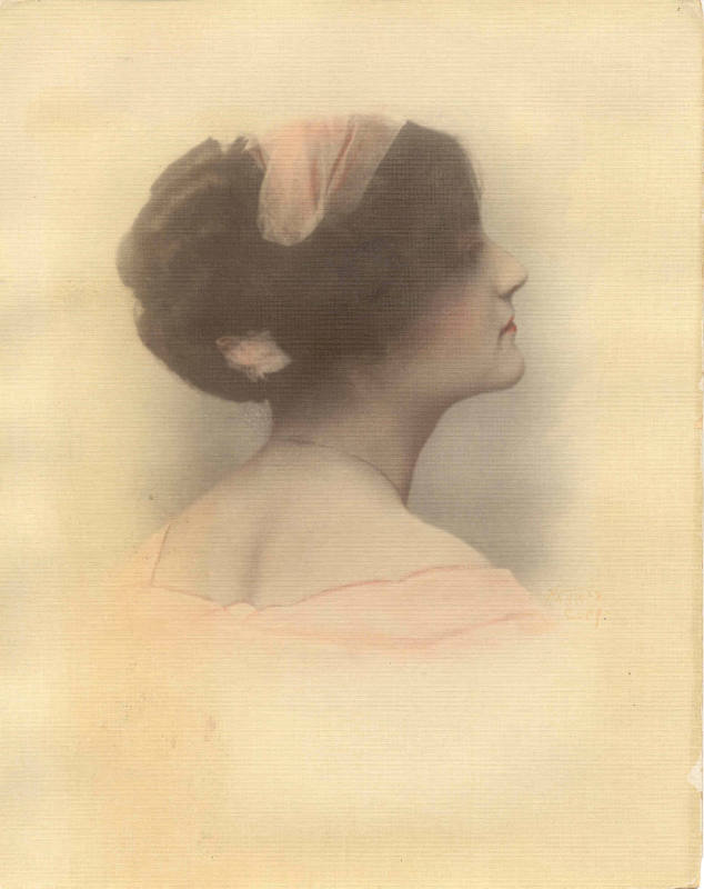 Hand tinted photo of Eula Terral with peach drape & head band