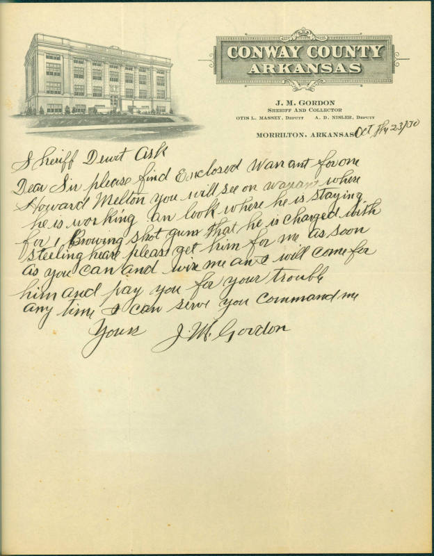 Letter from JM Gordon, Sheriff of Conway Co, to Sheriff of DeWitt