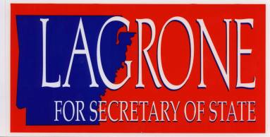 Bumper sticker that reads, "Lagrone for Secretary of State."