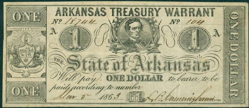 Confederate Arkansas Treasury Bond for one dollar