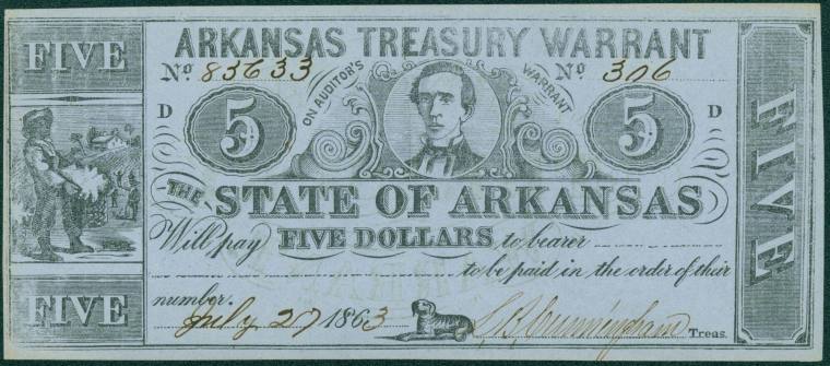 Scrip, Arkansas Confederate - Five Dollars