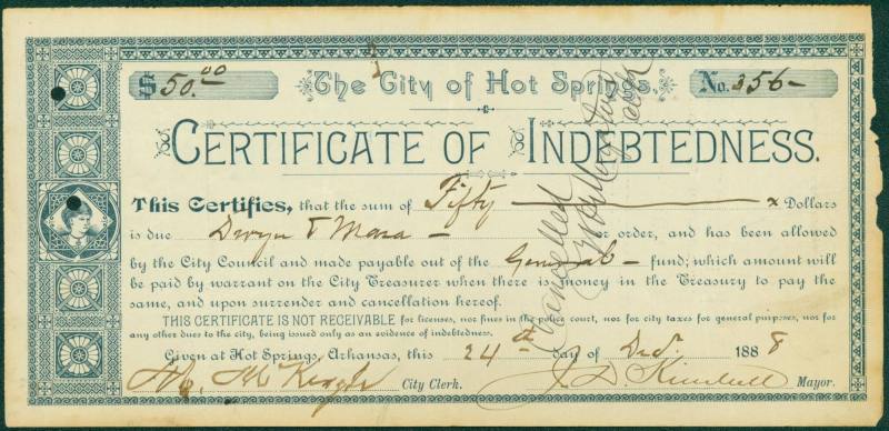 Fifty Dollar City Treasury Warrant for Hot Springs, Arkansas