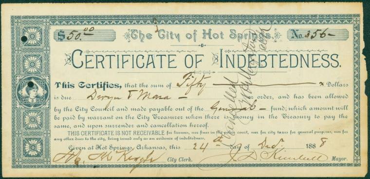 Fifty Dollar City Treasury Warrant for Hot Springs, Arkansas