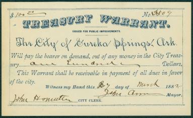 Eureka Springs City Treasury Warrant dated March 7, 1882
