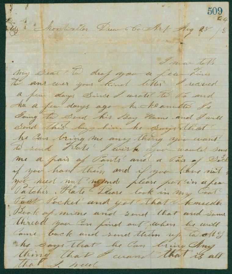 Letter from AH Reyonalds dated 8-28-1864 to his sister Kate.