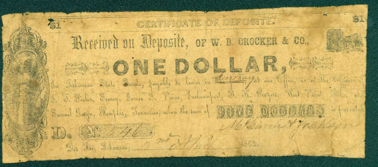 Scrip, Arkansas Confederate - One Dollar