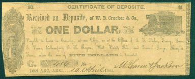 One dollar note from WB Crocker & Co of Des Arc, AR  4-10-1862 