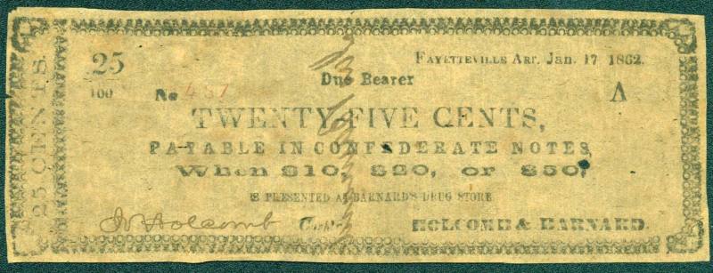 Scrip, Arkansas Confederate - 25 Cent