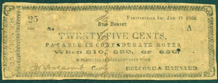 Scrip, Arkansas Confederate - 25 Cent