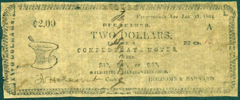 Two dollar note from Holcomb & Barnard of Fayetteville, AR    1-17-1862