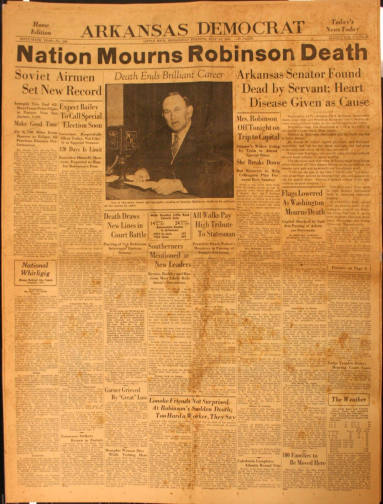 Newspaper dealing with the death of Joe T. Robinson