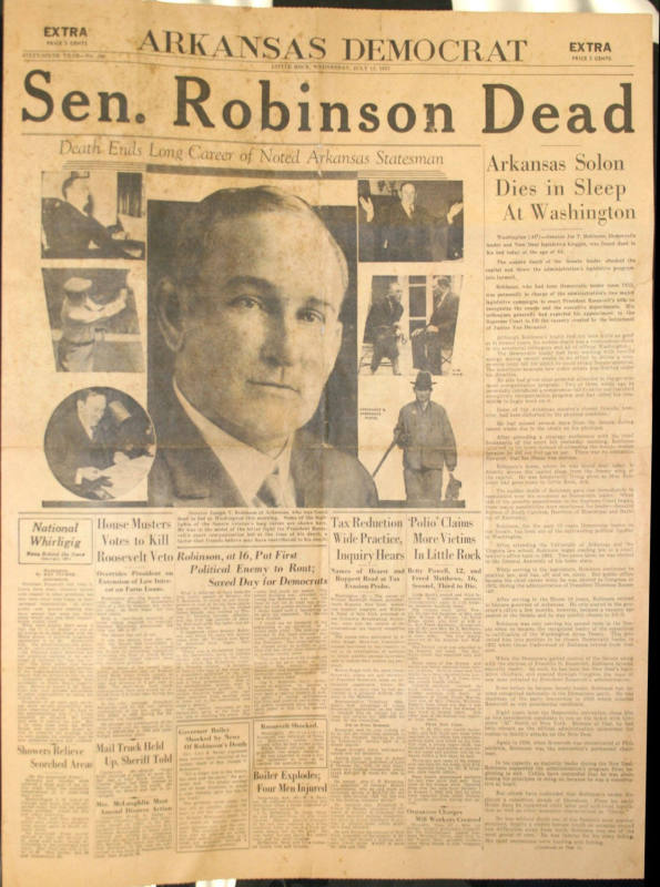 Newspaper dealing with the death of Joe T. Robinson