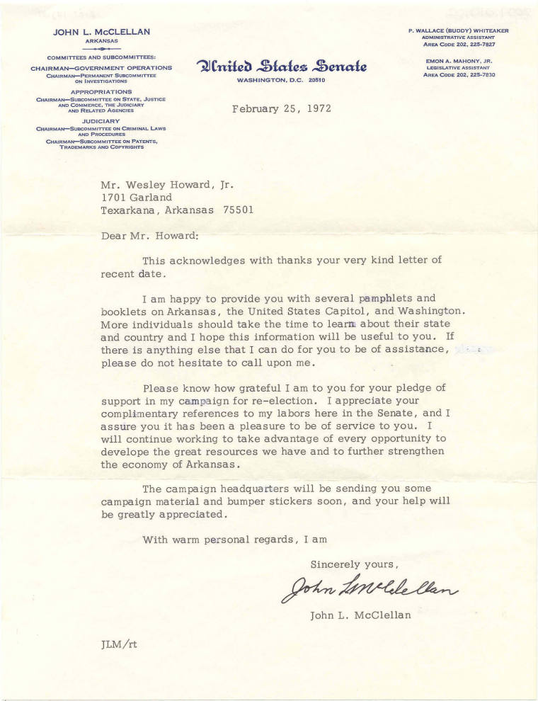 AR Politics - Senator John McClellan letter