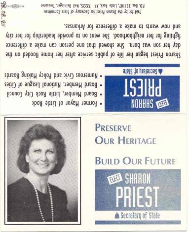 AR Politics - Sharon Priest campaign card