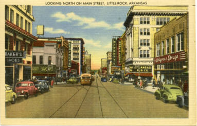 AR Eateries - postcard of Main St. in Little Rock