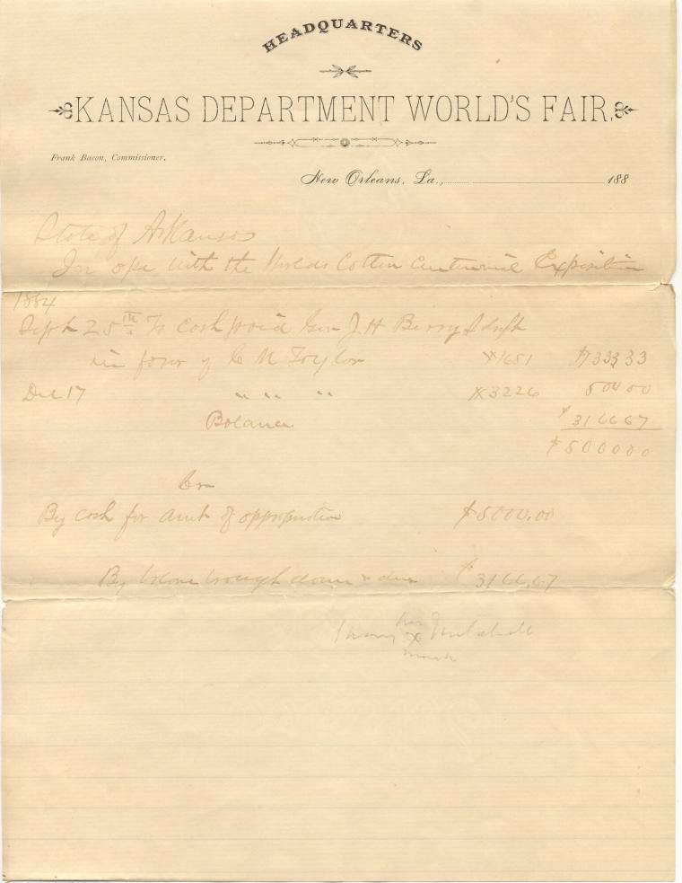 World's Fair - 1884 KS Dept. World's Fair letterhead