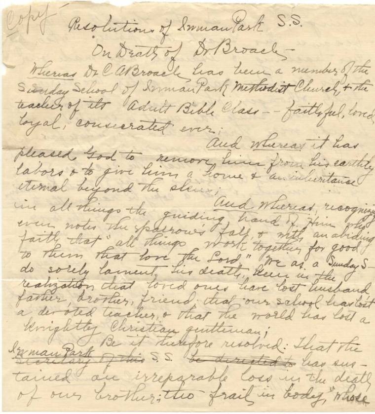 Broach collection - handwritten copy of writing about Dr. Broach