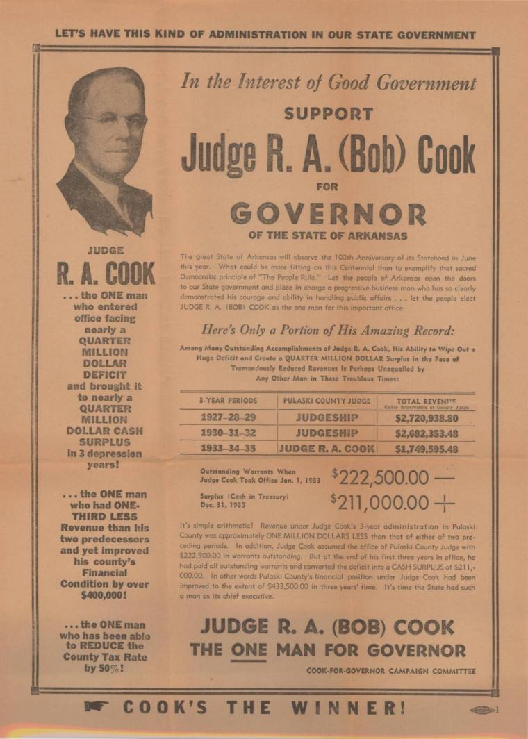 AR Politics - Judge Cook gubernatorial campaign material