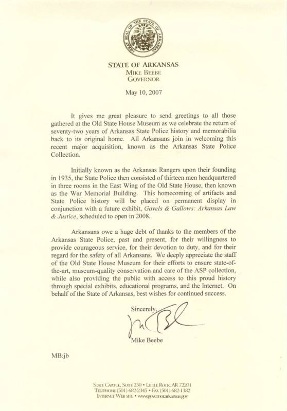 letter from Gov. Beebe to Bill Gatewood