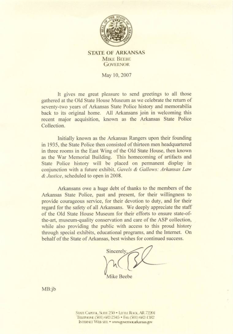 letter from Gov. Beebe to Bill Gatewood