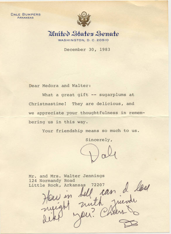 Letter, Senator Dale Bumpers