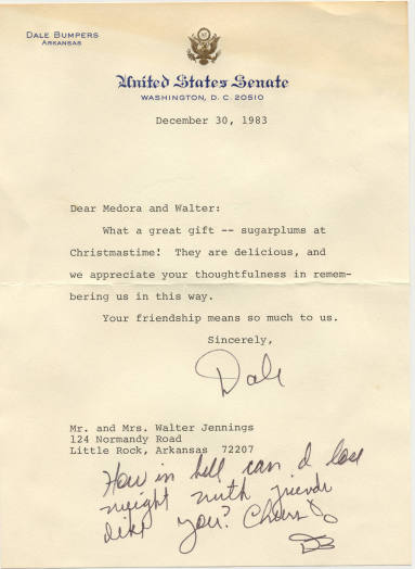 Letter, Senator Dale Bumpers